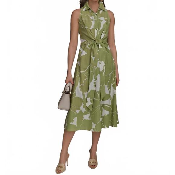 NEW DONNA KARAN printed linen blend shirt dress in green - Picture 6 of 6